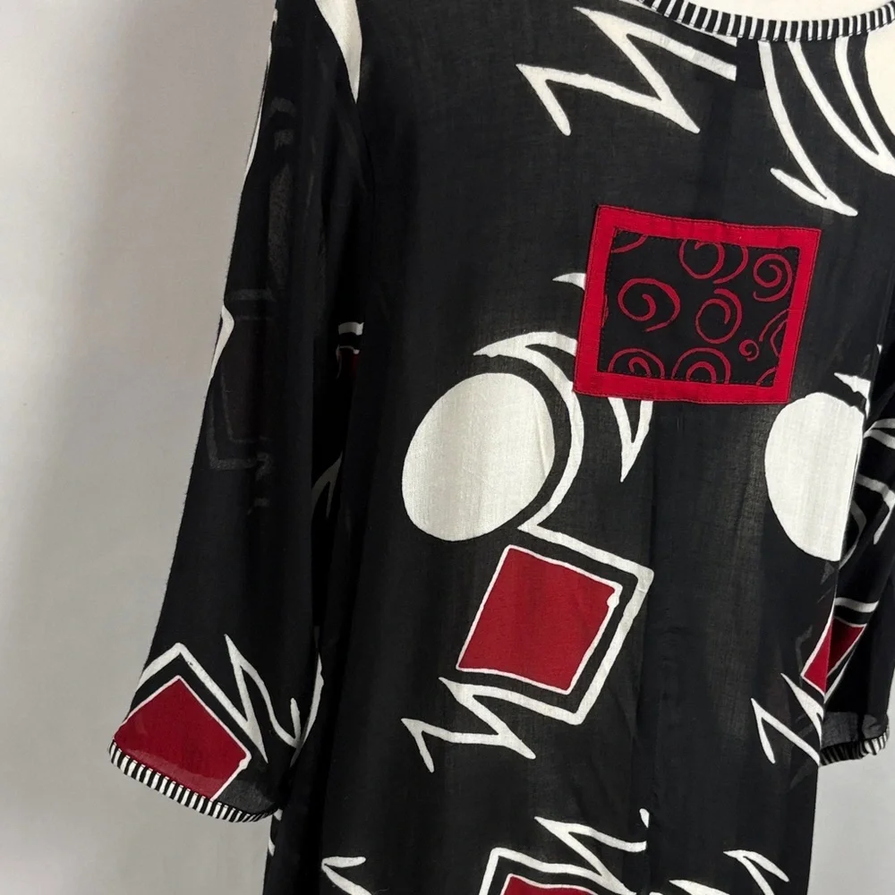 IGUANA Artsy Asymmetrical Tunic Top Black Red White Mixed Print - Picture 7 of 11